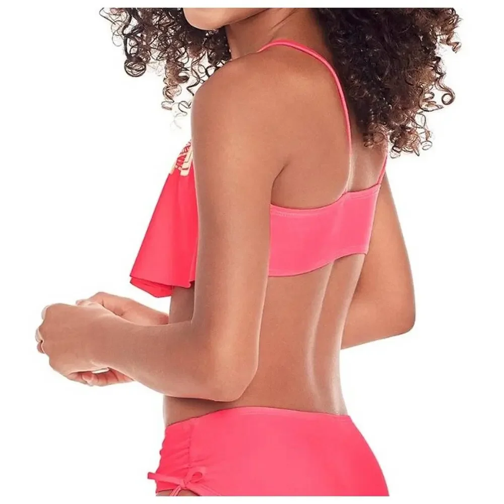 Glitter Beach Big Girls Flounce Bikini Top Foil Print, Coral Pink‎ Size 14